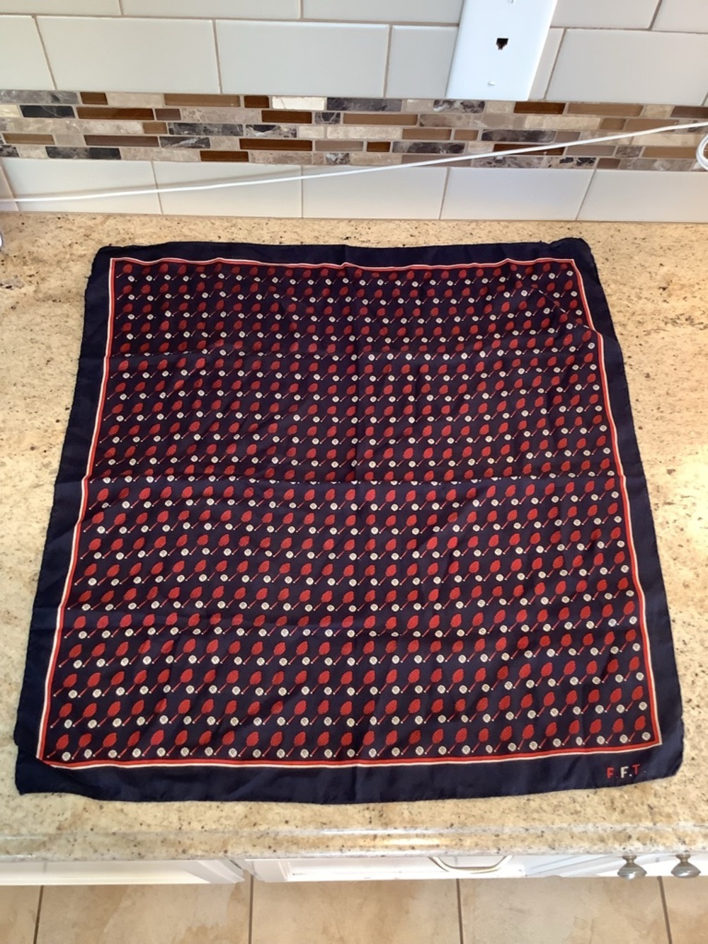 Italian Navy and Red Tennis Racket Silk Scarf - Hand Rolled Trim